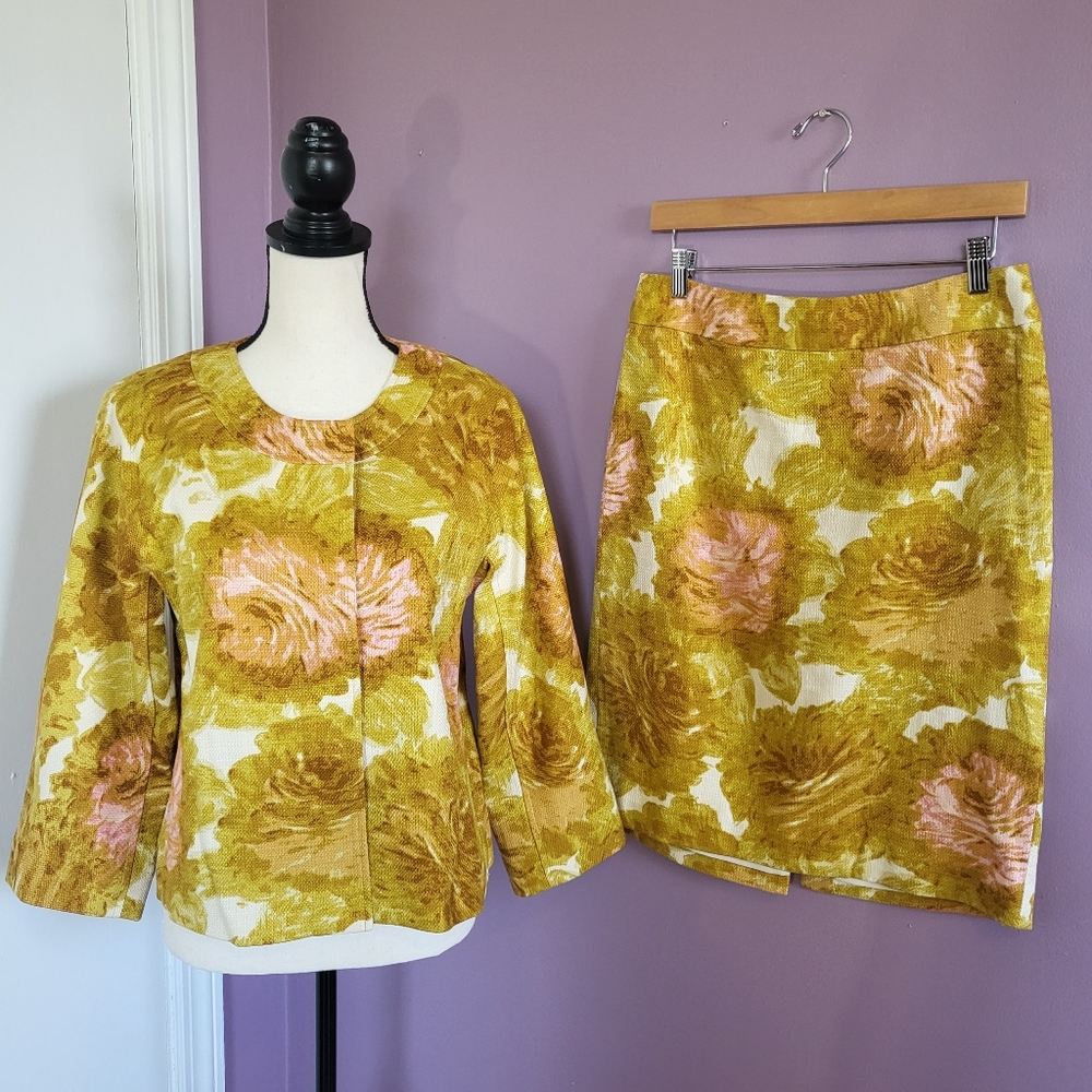 NWOT Talbots Mustard & Pink Rose Woven Cotton Canvas 2 Piece Blazer Skirt Suit